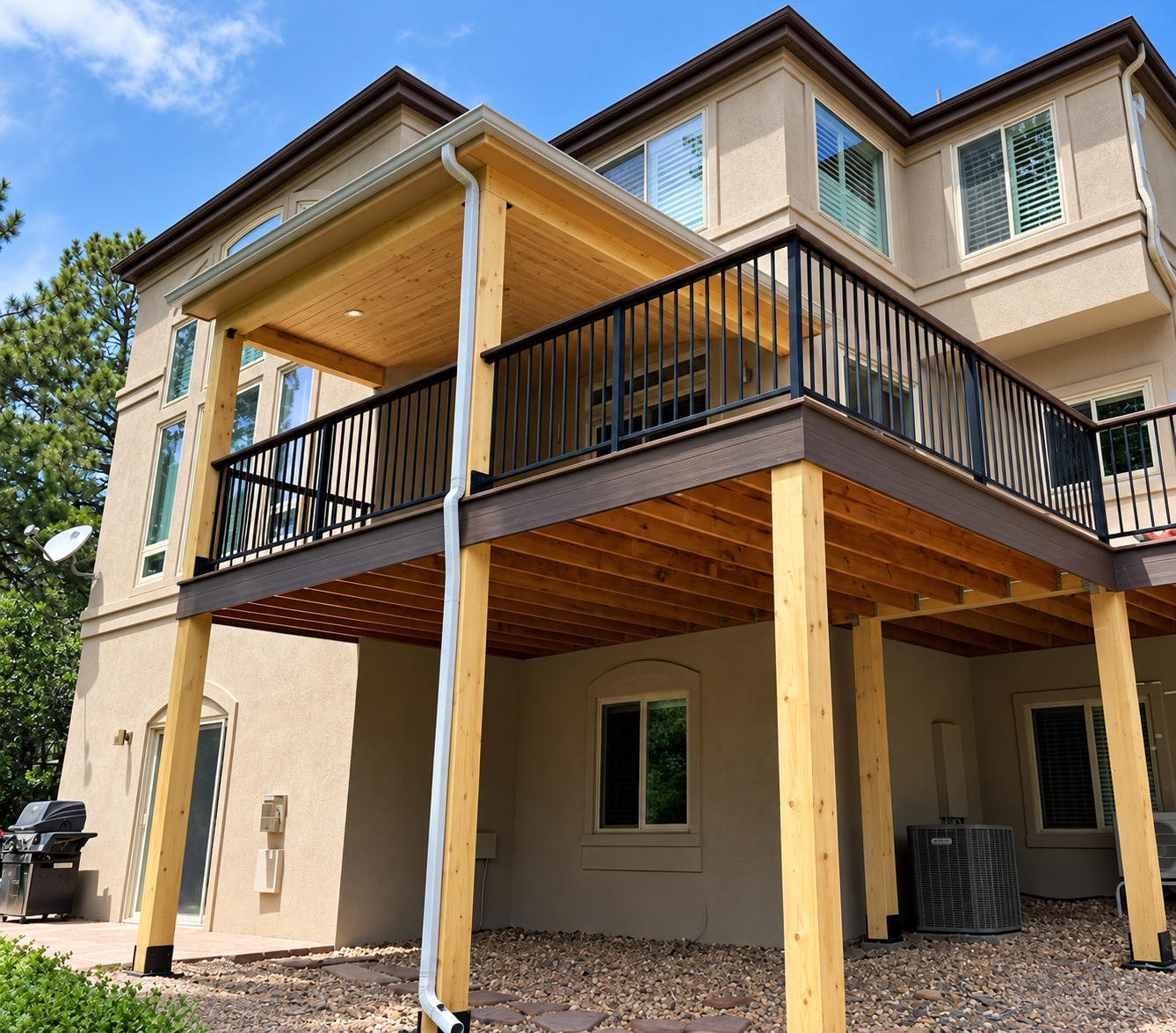 Covered elevated deck with timber posts and black railings